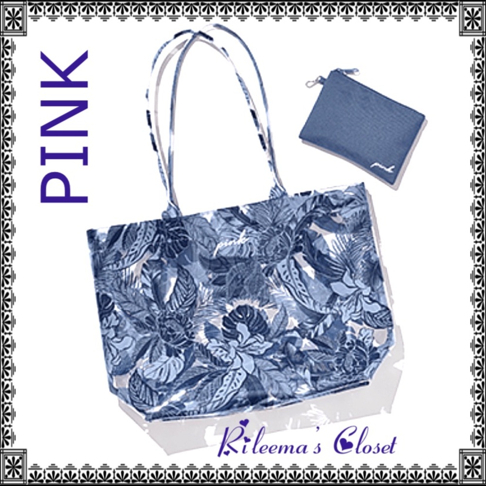 🆕 PINK Mesh PVC Tote Beach Bag + Blue Pouch